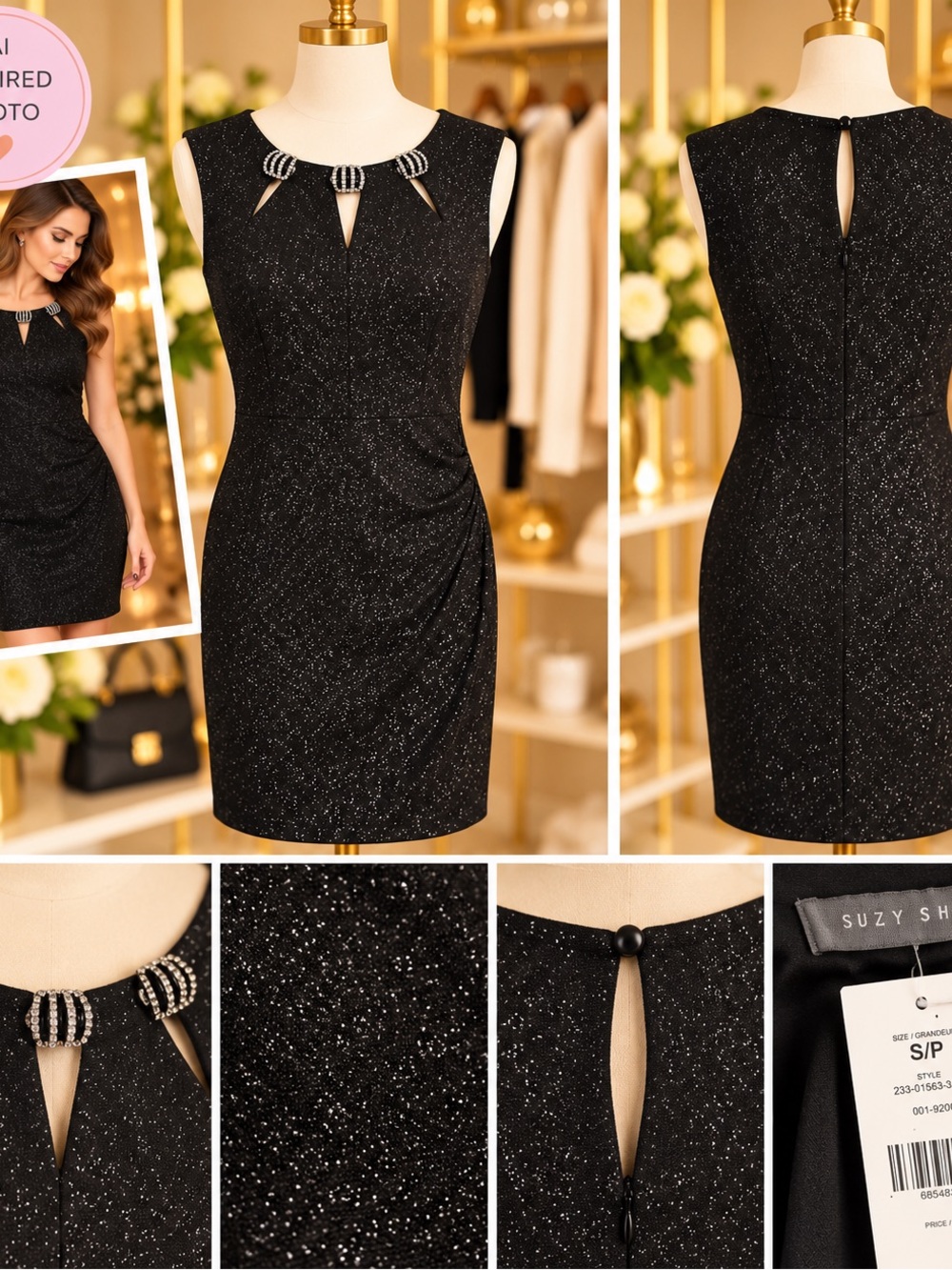 Suzy Shier Black Sparkle Mini Dress with Jeweled Neckline
